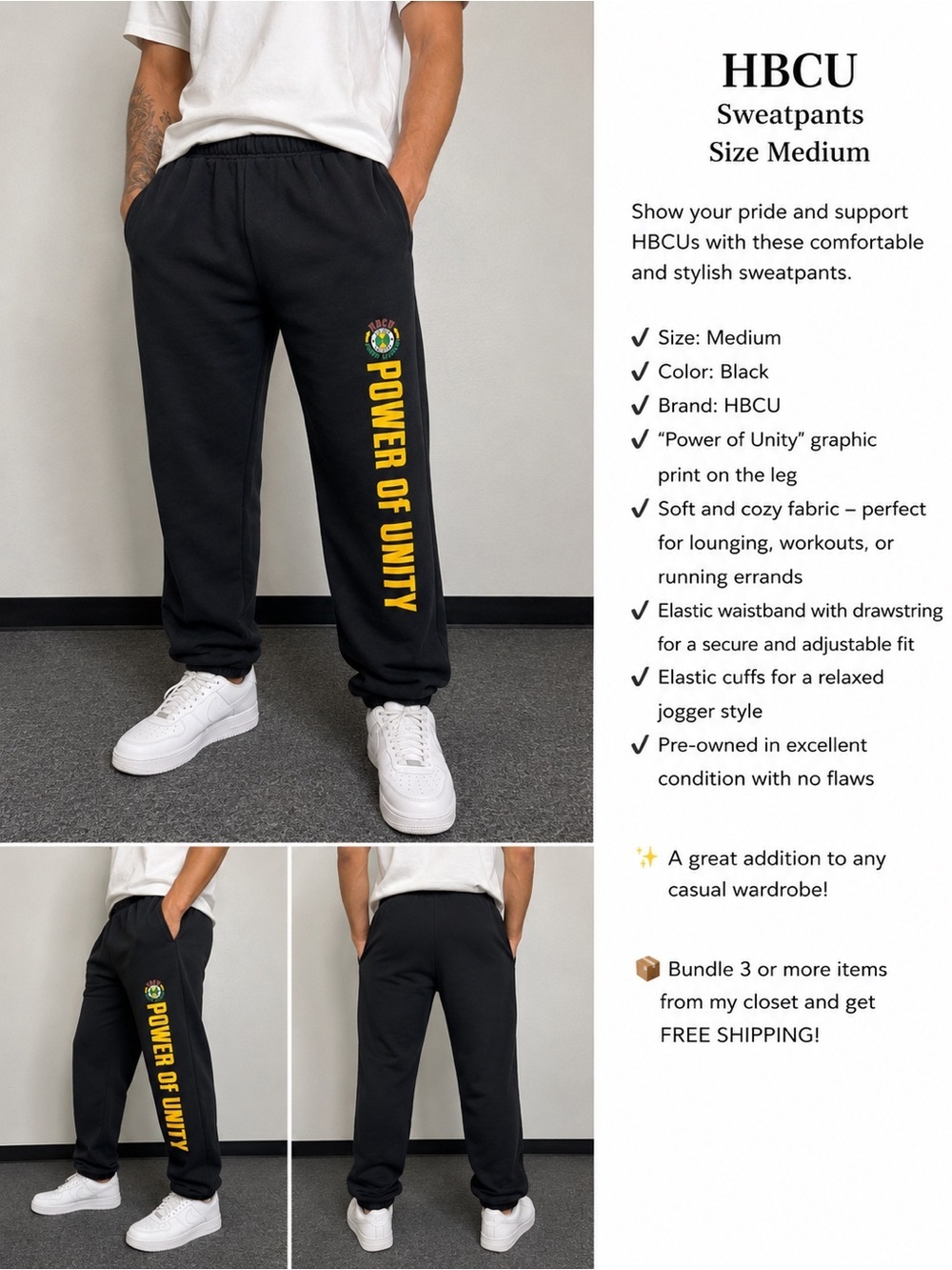 'Power of Unity' Black Sweatpants - Men's Medium